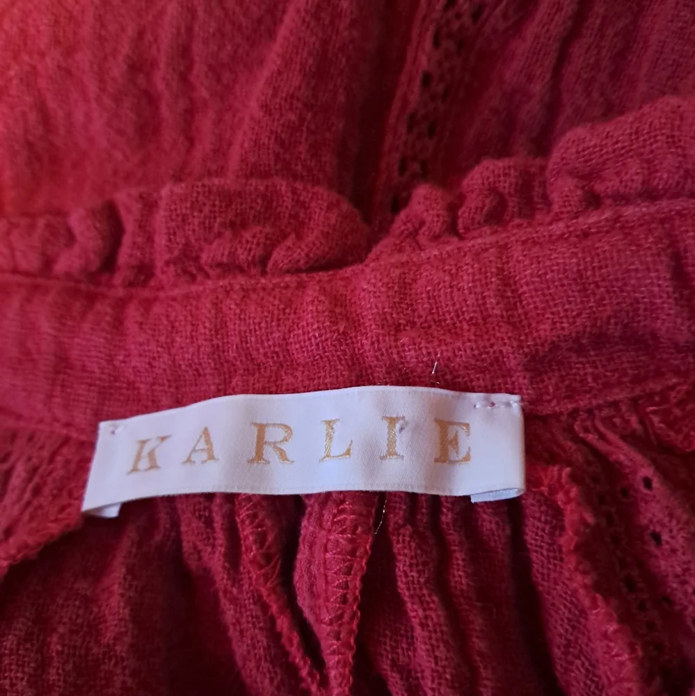Karlie Red Flutter Sleeve Tiered Linen Cotton Mini Dress Medium - Picture 7 of 9